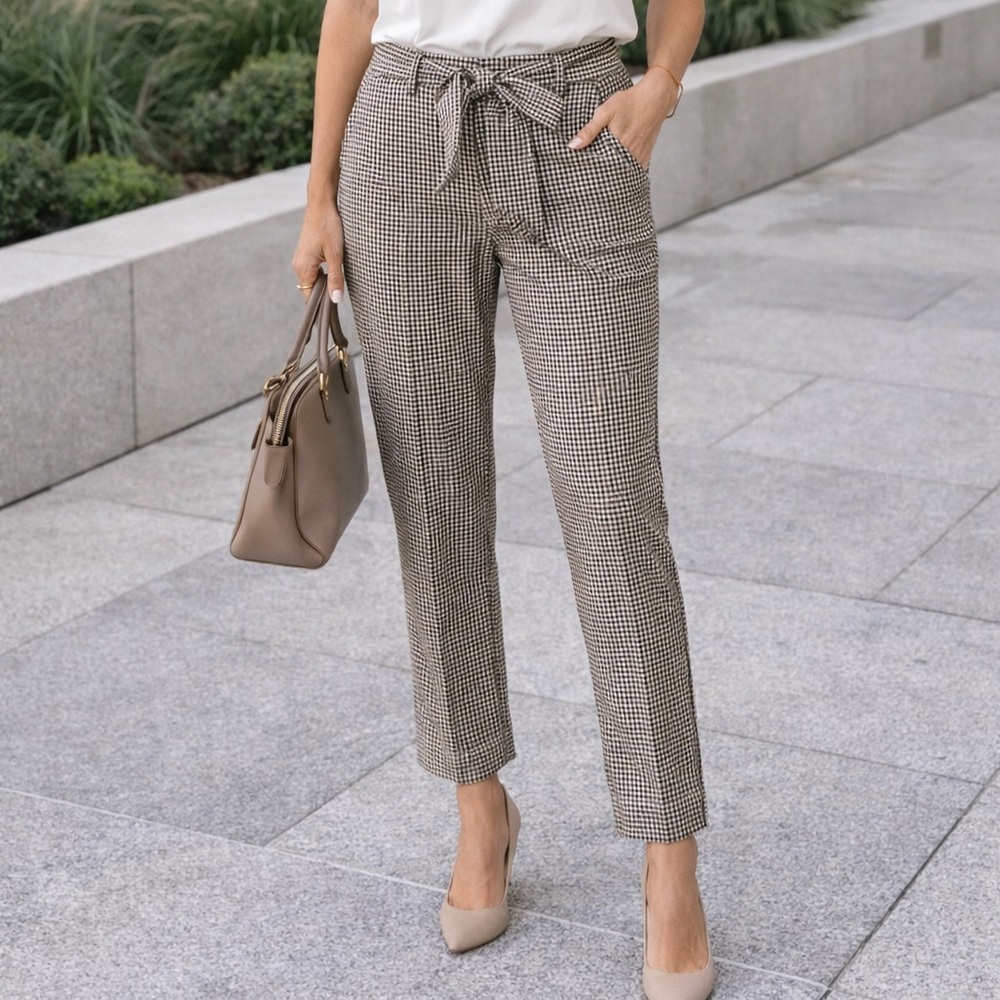 RW&CO Gingham Pants Size 6 High Waisted Tie Waist Straight Leg Workwear